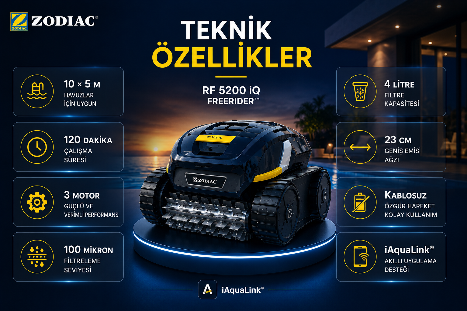 Zodiac RF 5200 iQ teknik özellikler 120 dakika çalışma 10 x 5 metre havuz 100 mikron filtre 4 litre kapasite